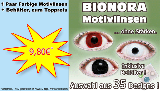 BIONORA Farbige Marken Motivlinsen ohne Stärken, inkl. Behälter